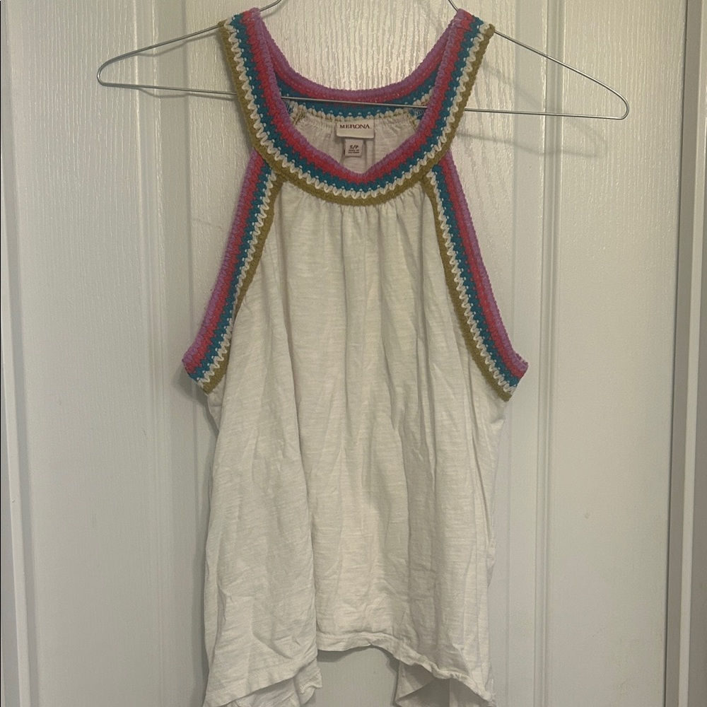 Merona size small White Halter Tank with Pink Blue and Olive Trim